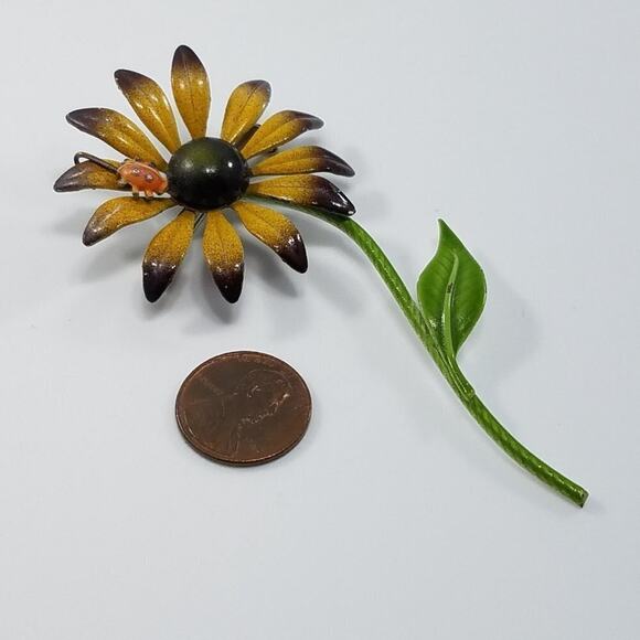 Vintage Brown Golden Yellow Flower Brooch, Lady Bug On Petal, 3 3/4 Inches - Picture 9 of 10
